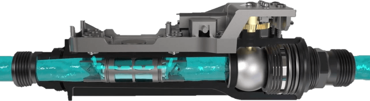 Cross-section of the ultrasonic smart valve showing internal sensing chamber