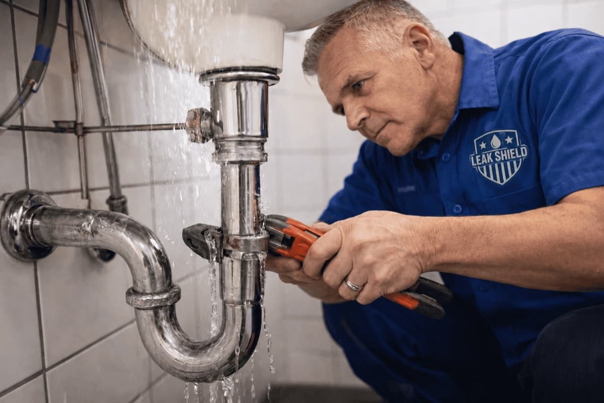 Leak Shield technician repairing a leaking sink trap